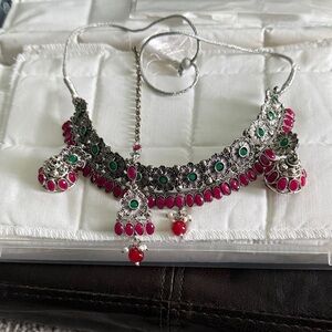 Elegant Silver and Red Necklace Set